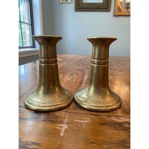 Antique Pair Of Solid Brass Candle Holders Tapered Design Heavyweight Decorative